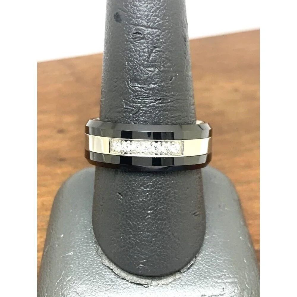 Wedding Band Stainless Steel Ceramic Cubic Zirconia 8mm Unisex Ring Size 9